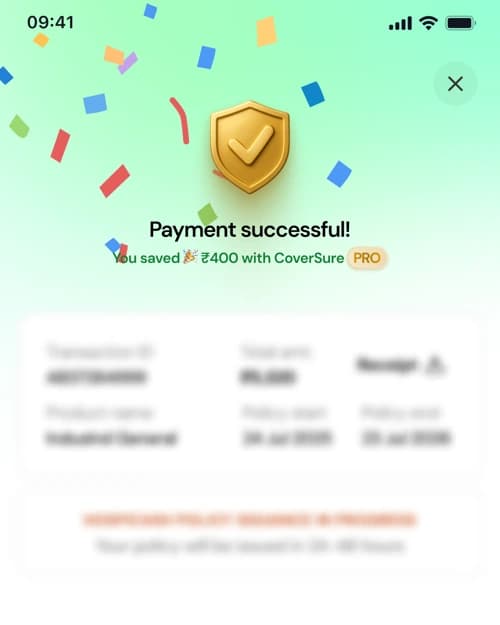 The CoverSure payment-successful confirmation screen