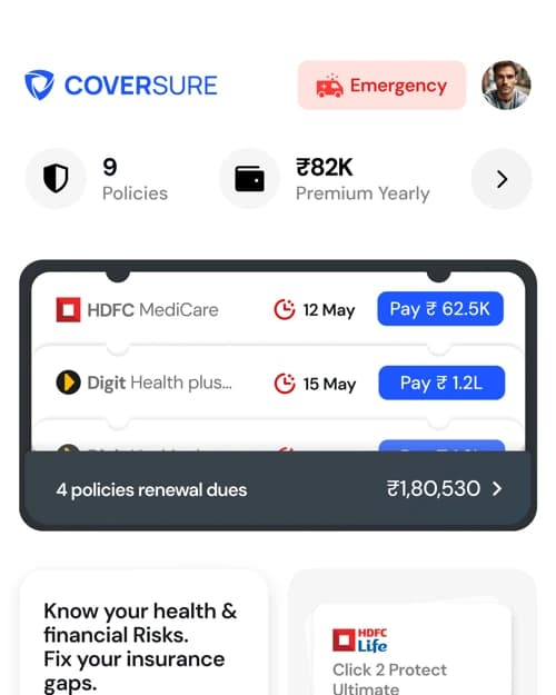 The CoverSure app showing policy renewals due, each with a Pay button