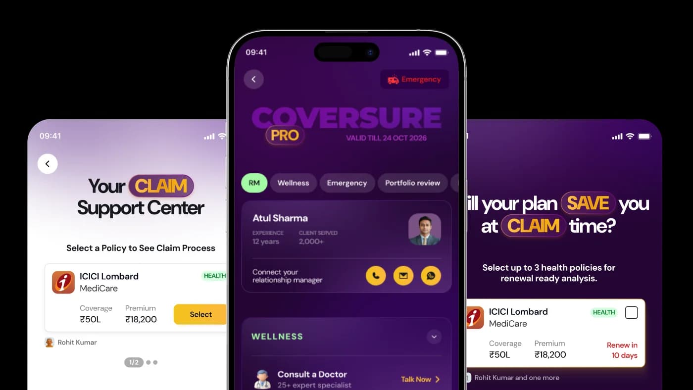 CoverSure Pro app screens: the Claim Support Center, the Pro membership with a dedicated relationship manager, and a renewal check of health policies