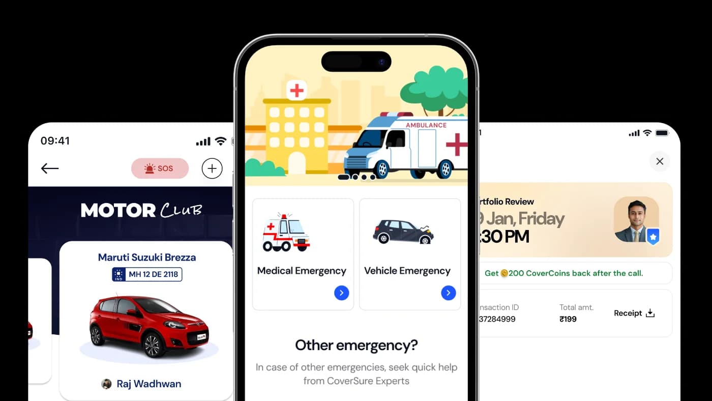 App screens: a Motor Club vehicle card, SOS help for medical and vehicle emergencies, and a booked portfolio review call with an expert