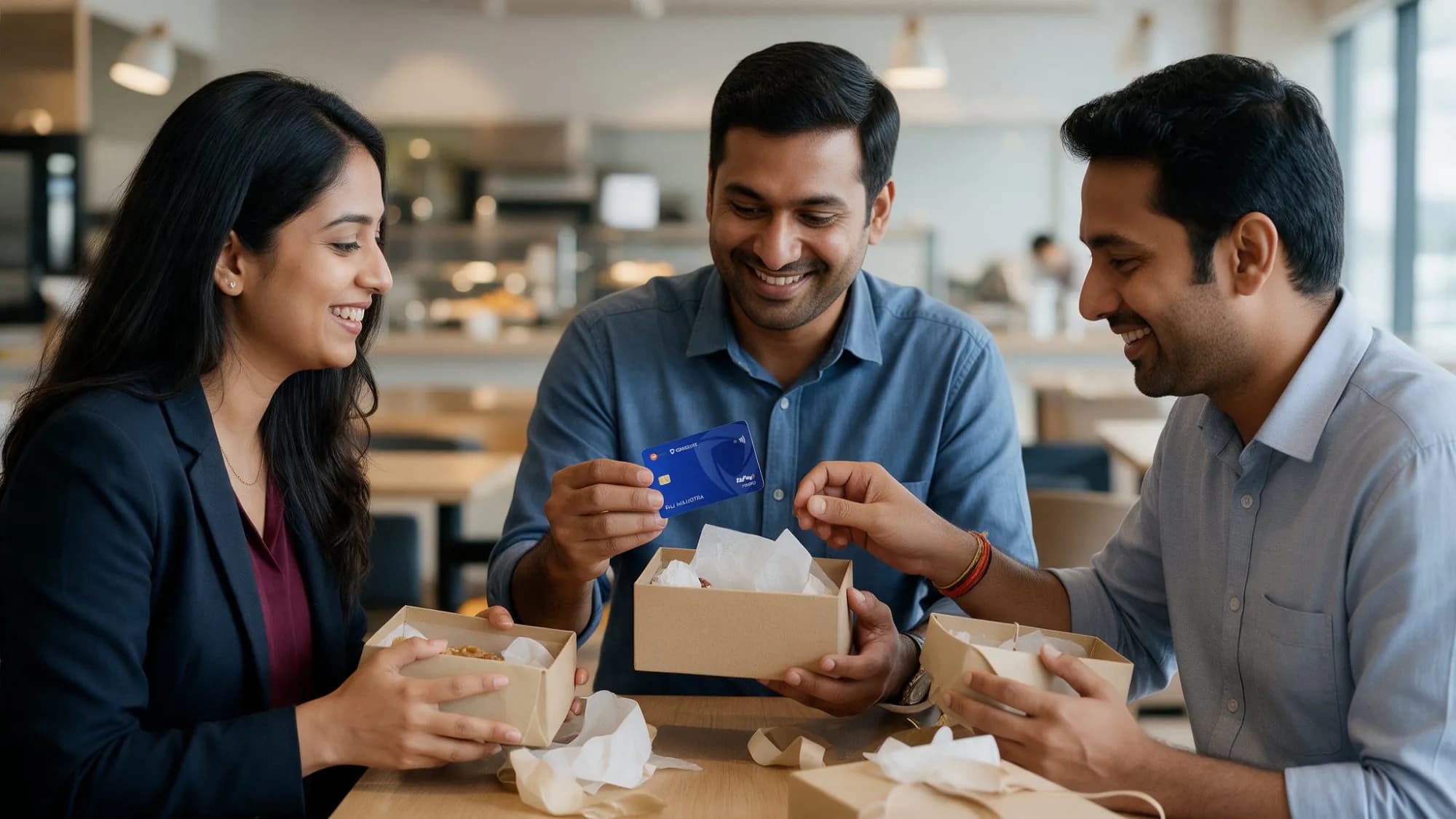 Three colleagues smiling as they open gift boxes at a café table, one holding up a CoverSure card