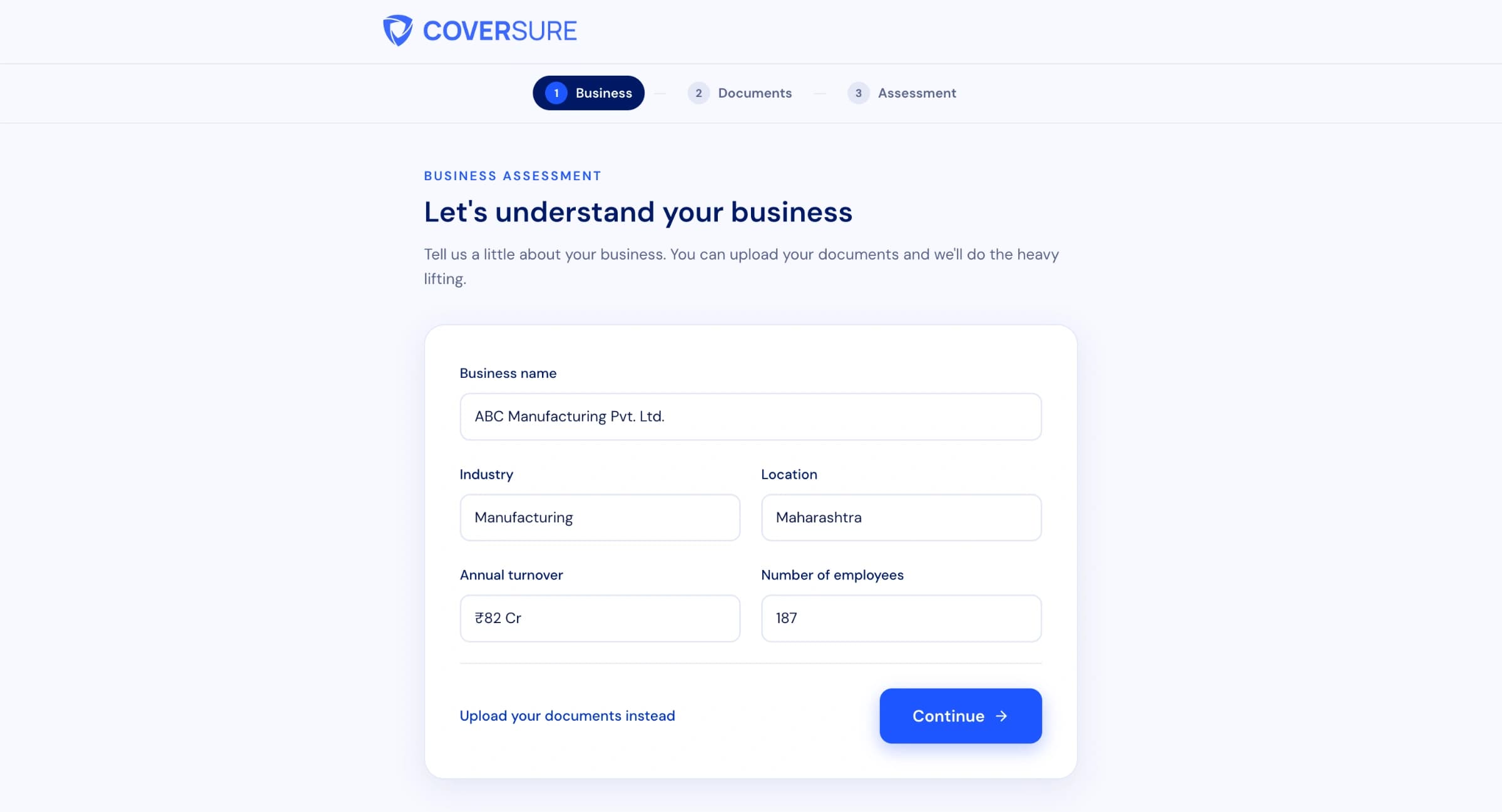 The CoverSure Business assessment screen: a form for the business name, industry, location, annual turnover and number of employees