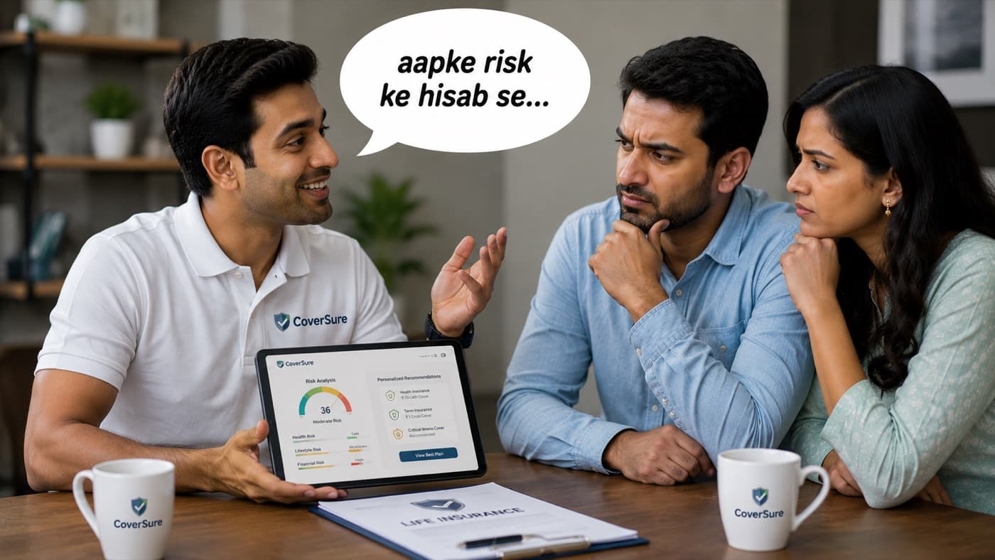 A CoverSure advisor showing a risk analysis on screen to a couple