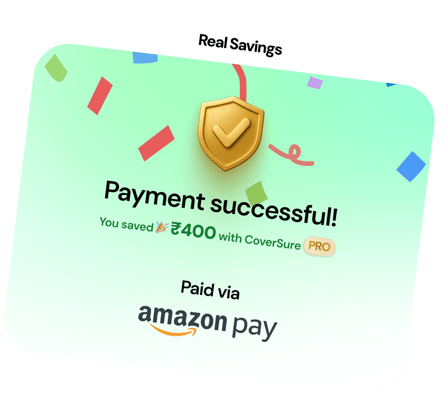 Real Savings — payment successful, you saved ₹400 with CoverSure PRO