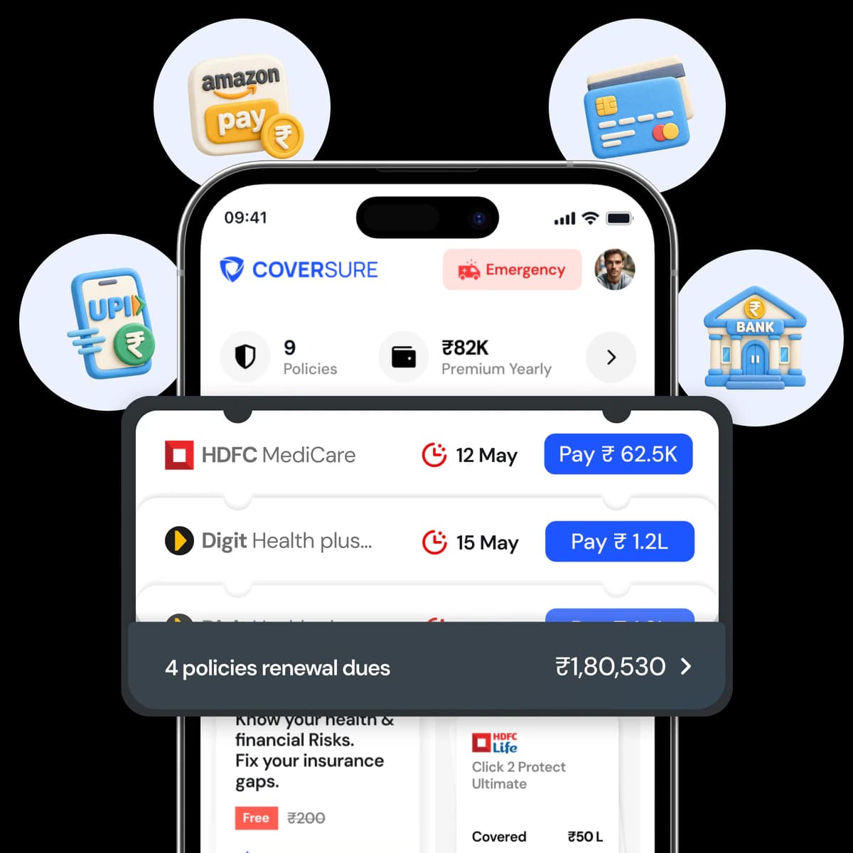 The CoverSure app showing four policy renewals due, each with a Pay button, surrounded by Amazon Pay, card, UPI and bank icons