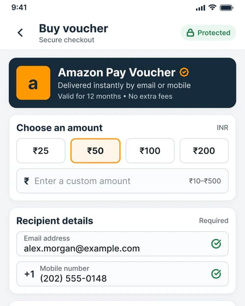 A Buy voucher screen: an Amazon Pay voucher with amounts to choose from and the recipient's details