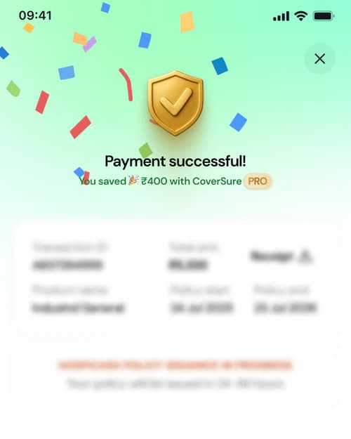 Payment successful screen: you saved ₹400 with CoverSure