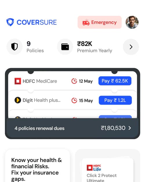 The CoverSure home screen with four policy renewals due, each with a Pay button