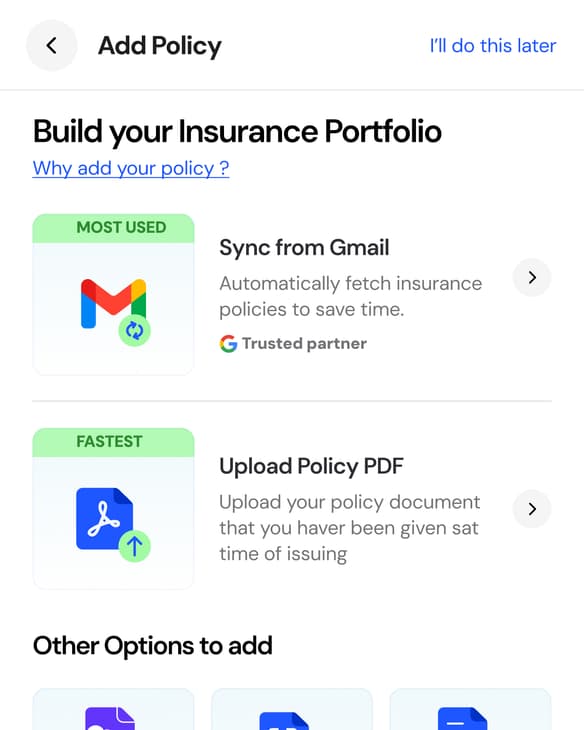 The app's Add Policy screen, with Sync from Gmail and Upload Policy PDF options