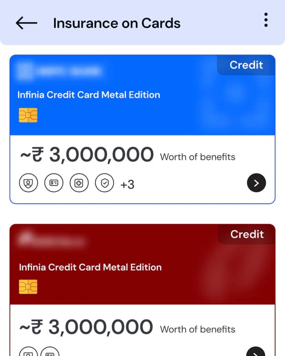 The Insurance on Cards screen listing the user's credit cards and the benefits each is worth