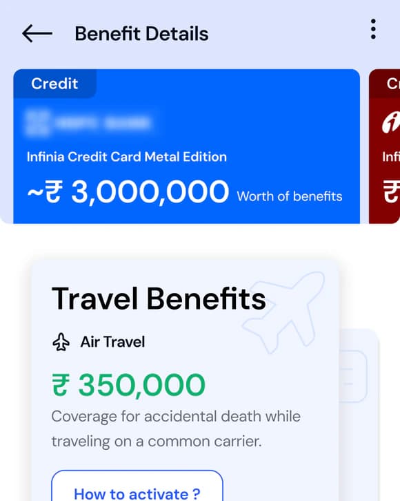 Benefit Details for a credit card: about ₹3,000,000 worth of benefits, including ₹350,000 of air travel cover