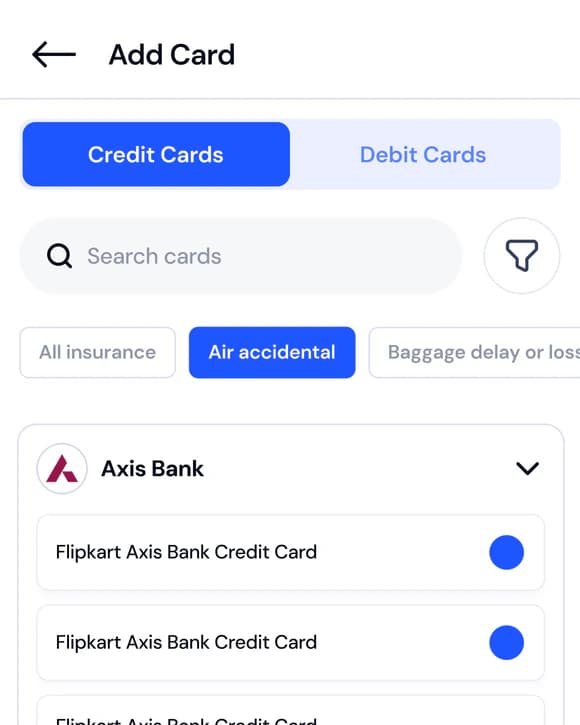 The Add Card screen: credit and debit card tabs, a card search, insurance filters and a bank's list of cards