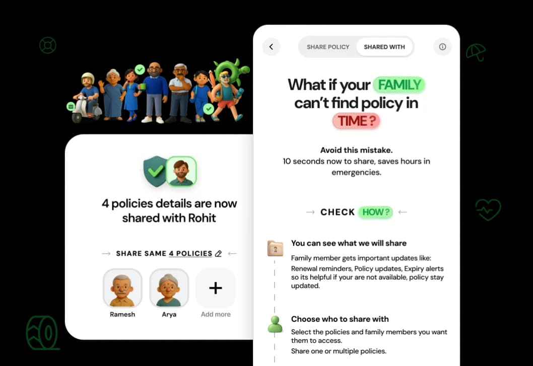 Sharing policies in the CoverSure app: four policies shared with a family member, and a screen explaining what gets shared