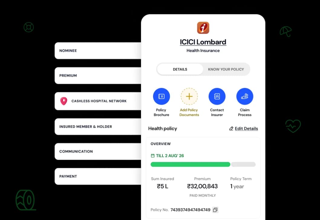 A health policy in the CoverSure app with shortcuts to the brochure, documents, insurer contact and claim process, and its cover, premium and term
