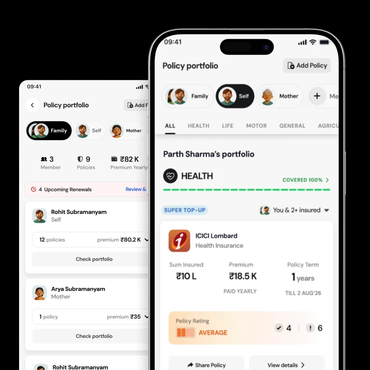 Two CoverSure app screens: a family's policy portfolio with members, policies and premiums, and a health policy's cover, premium and term