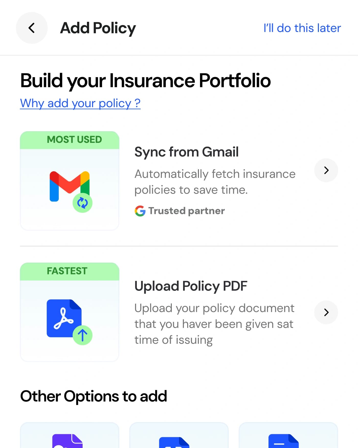 The app's Add Policy screen: sync policies from Gmail or upload a policy PDF
