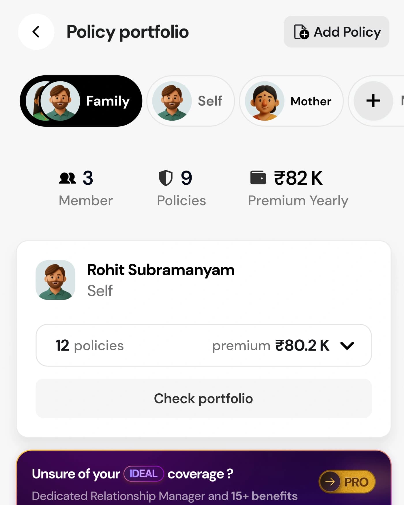 A finished policy portfolio in the app: 3 members, 9 policies and ₹82K yearly premium