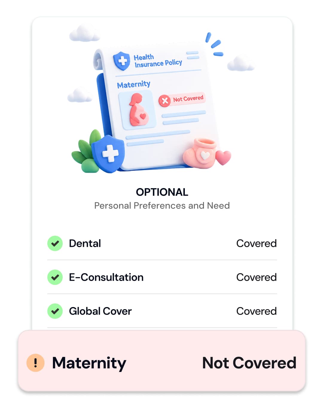 A health insurance policy where maternity is not covered. Optional: dental covered, e-consultation covered, global cover covered, maternity not covered.
