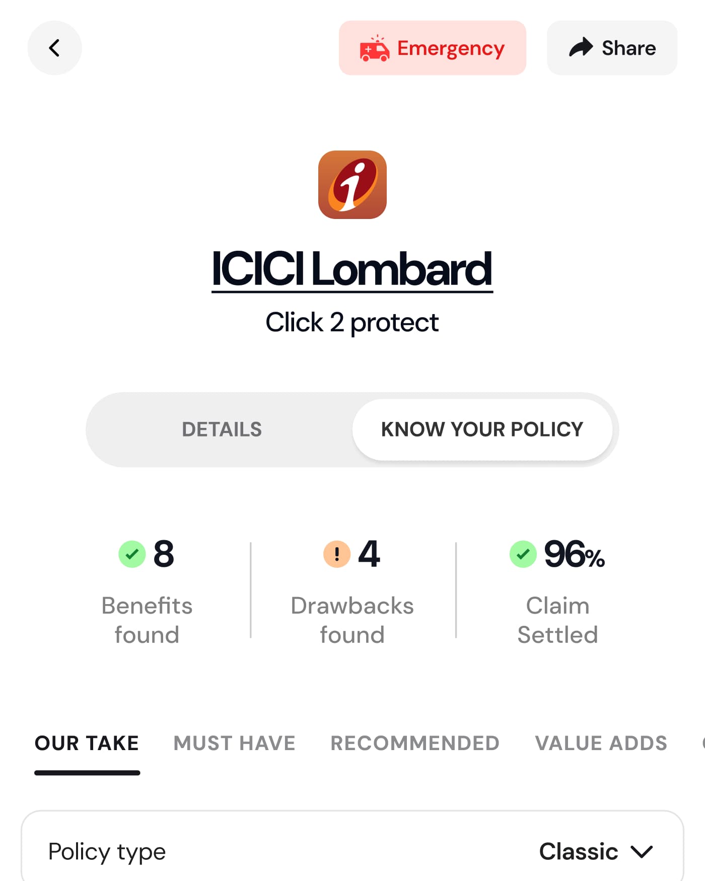 The app's Know Your Policy tab for a plan: 8 benefits found, 4 drawbacks found, 96% claims settled