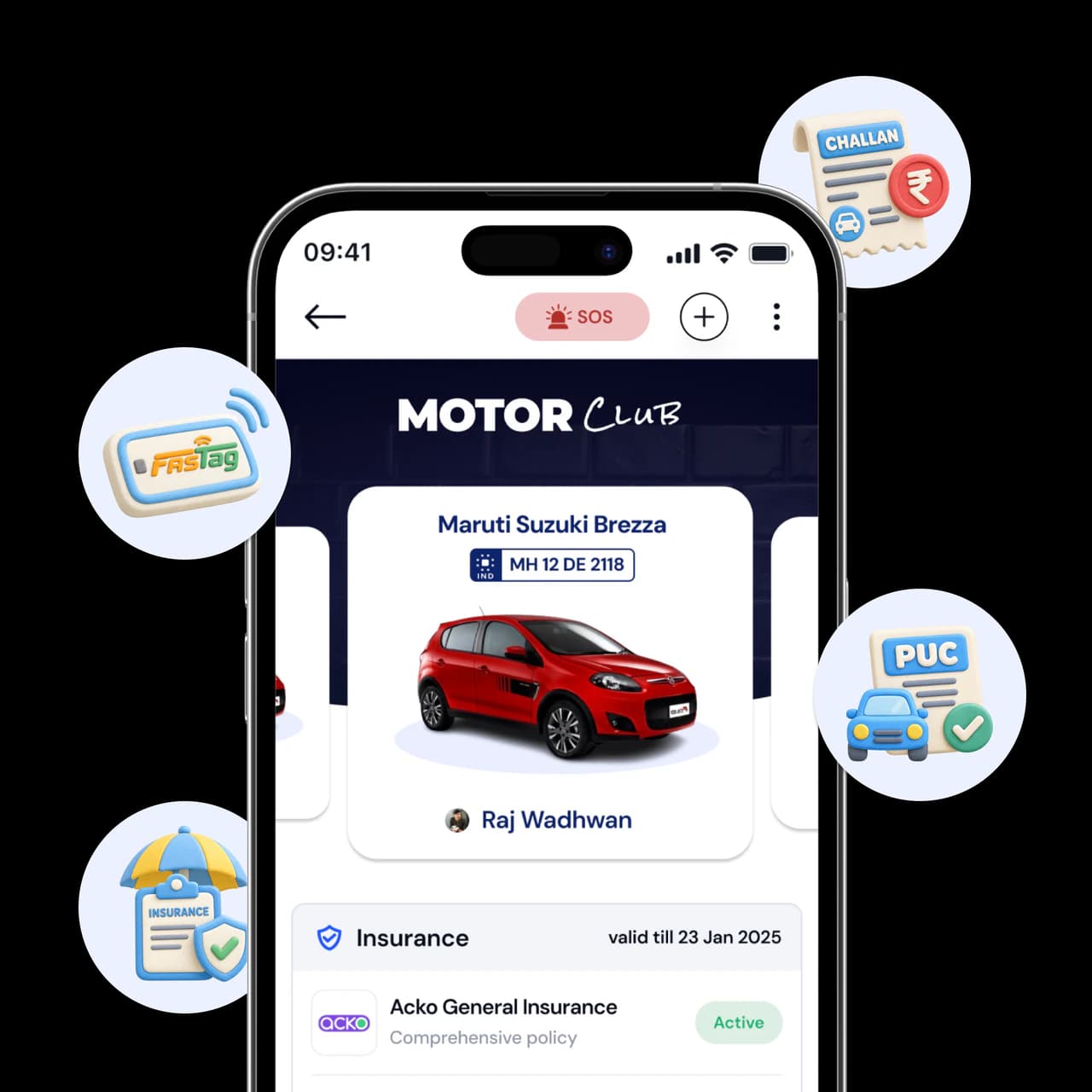 The Motor Club screen in the CoverSure app: a registered car with its active motor insurance policy, ringed by FASTag, challan, PUC and insurance icons