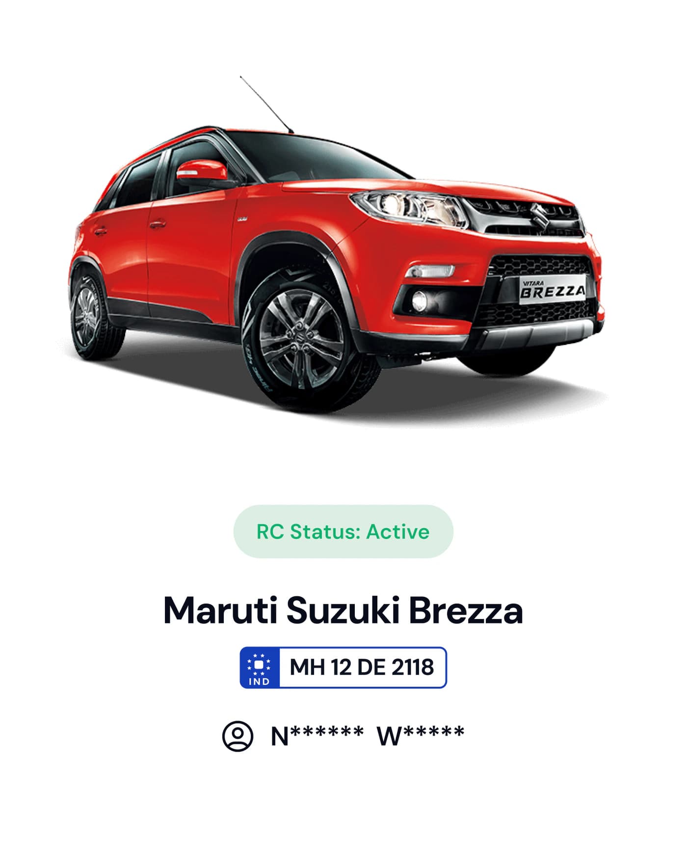 A vehicle's details in the app: Maruti Suzuki Brezza, registration MH 12 DE 2118, RC status active
