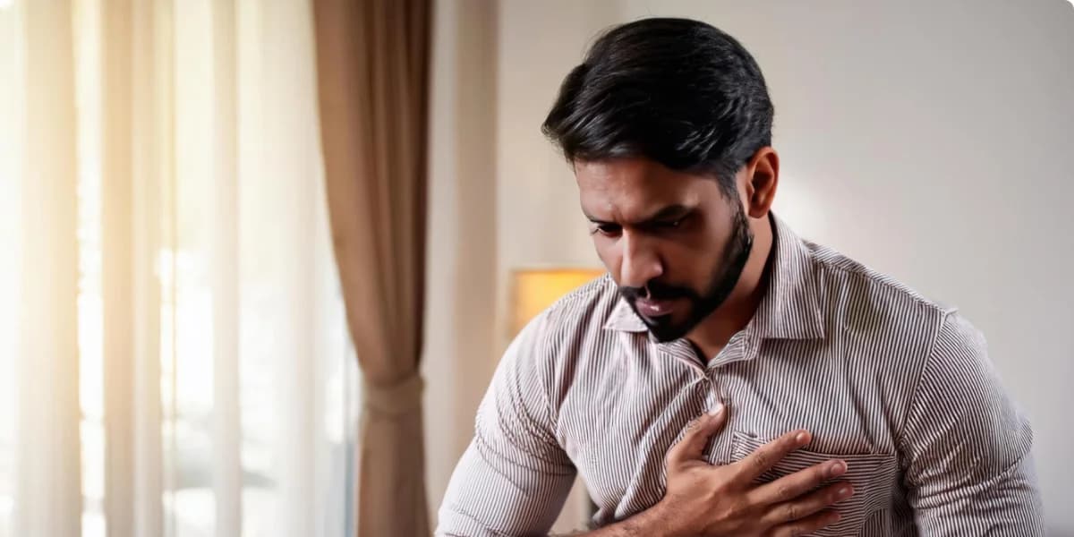 A young man holding his chest in discomfort