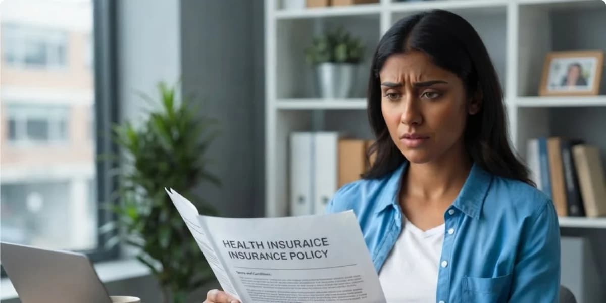 A worried woman reading her health insurance policy