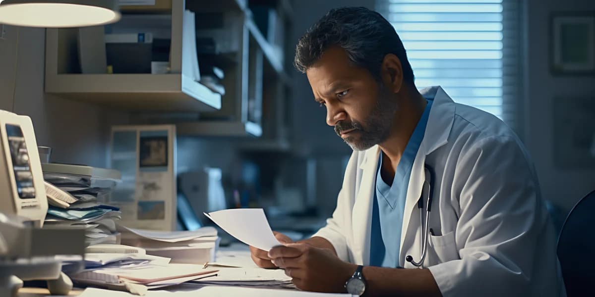 A doctor reading through paperwork at a cluttered desk