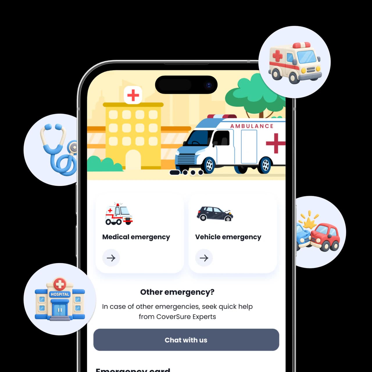 The CoverSure SOS screen with medical and vehicle emergency options and a chat with CoverSure experts, ringed by ambulance, hospital, stethoscope and car crash icons