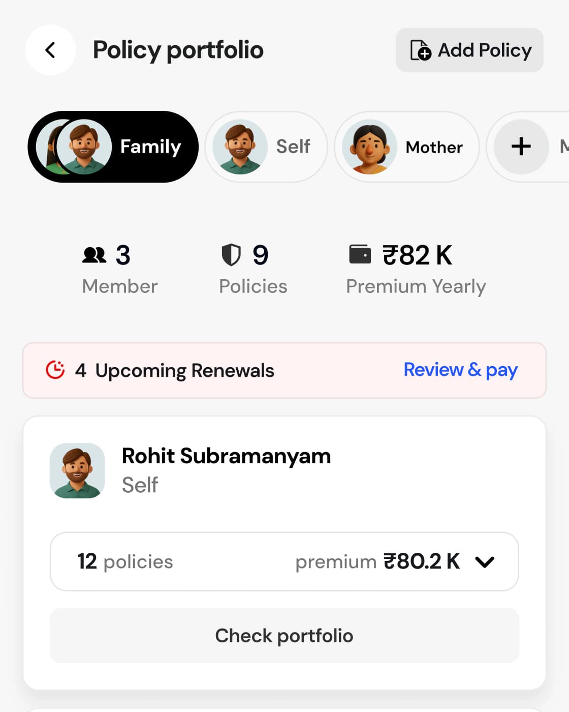 The app's policy portfolio: 3 members, 9 policies, ₹82K yearly premium and 4 upcoming renewals
