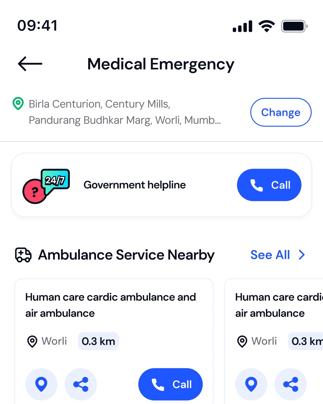 The Medical Emergency screen: a government helpline call button and nearby ambulance services with distance and call buttons
